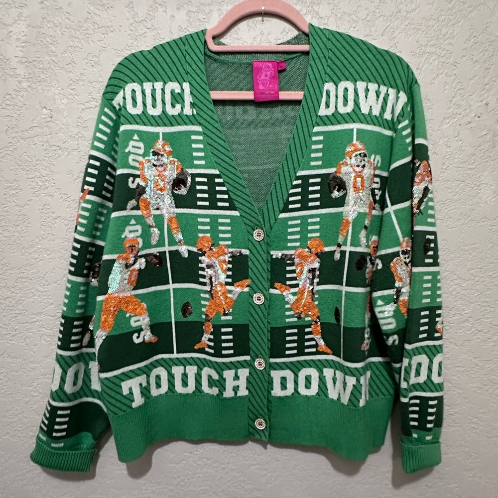Green with orange players Touchdown Football Cardigan